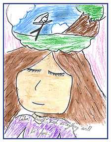 A child's drawing of a girl with her eyes closed, imagining dancing across a green field